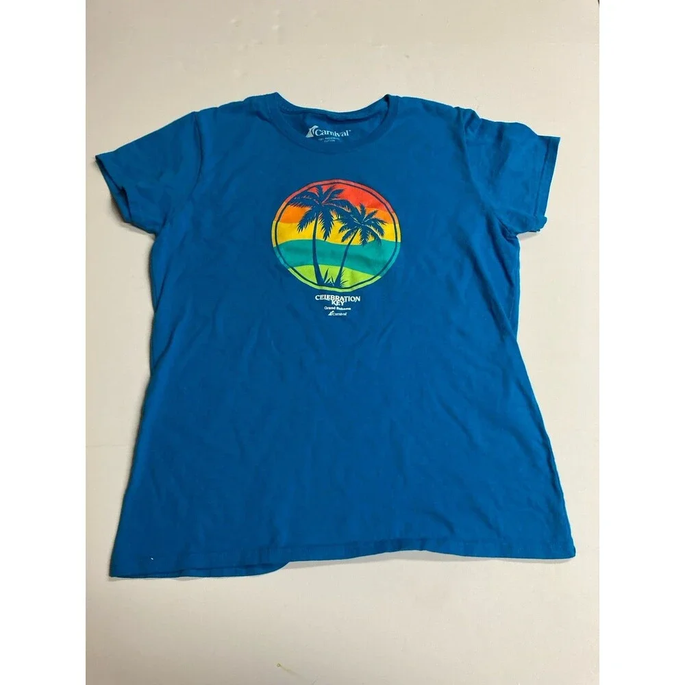 Carnival Celebration Key Grand Bahama Blue Palm Tree T-Shirt Size L Cotton